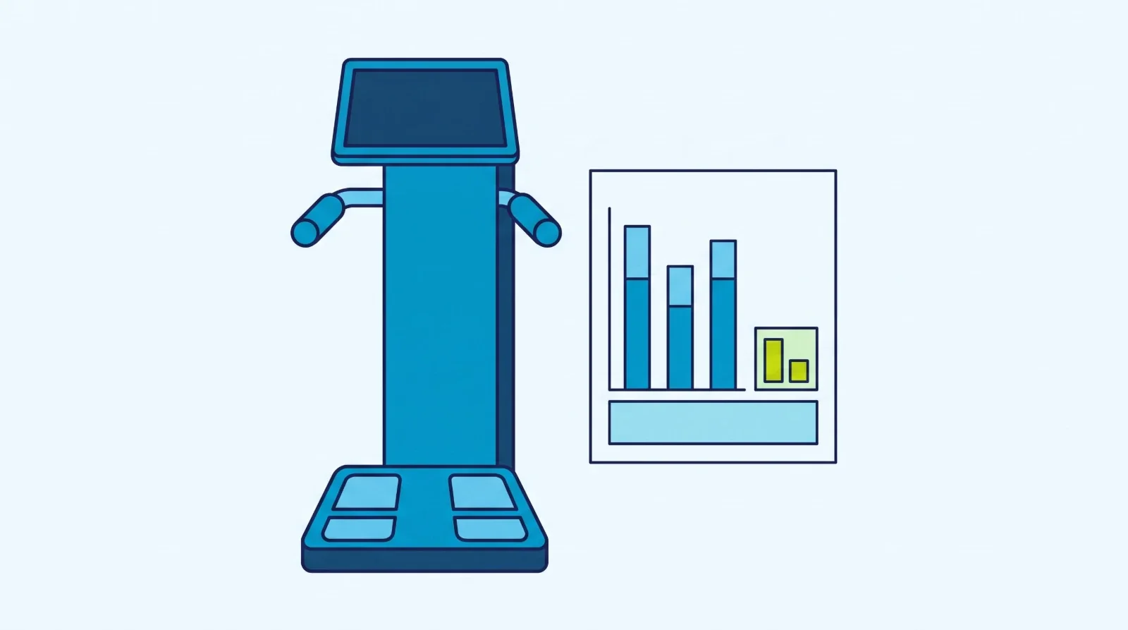 Illustration: a standing body composition analyser with hand grips, beside a printed result sheet