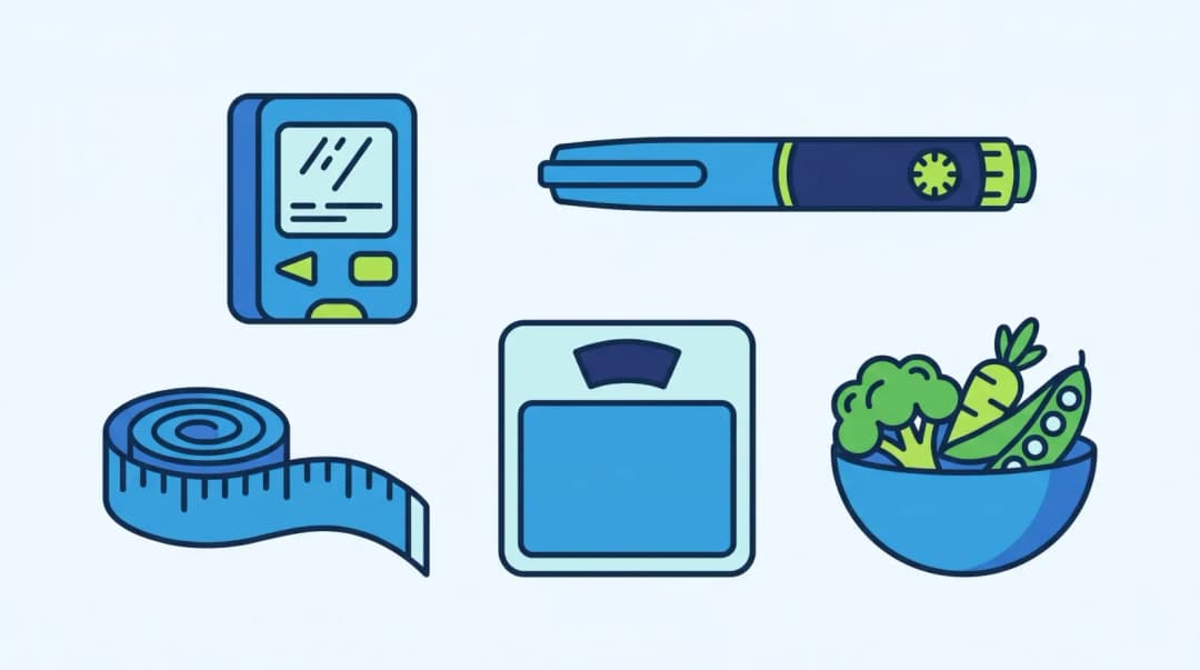 Illustration: a glucose meter, an injection pen, a measuring tape, a weighing scale and a bowl of vegetables