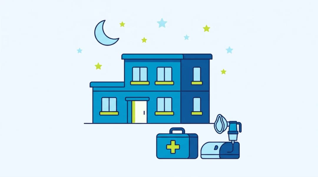 Illustration: a small clinic building lit up at night under a crescent moon, with a first aid kit and a nebuliser