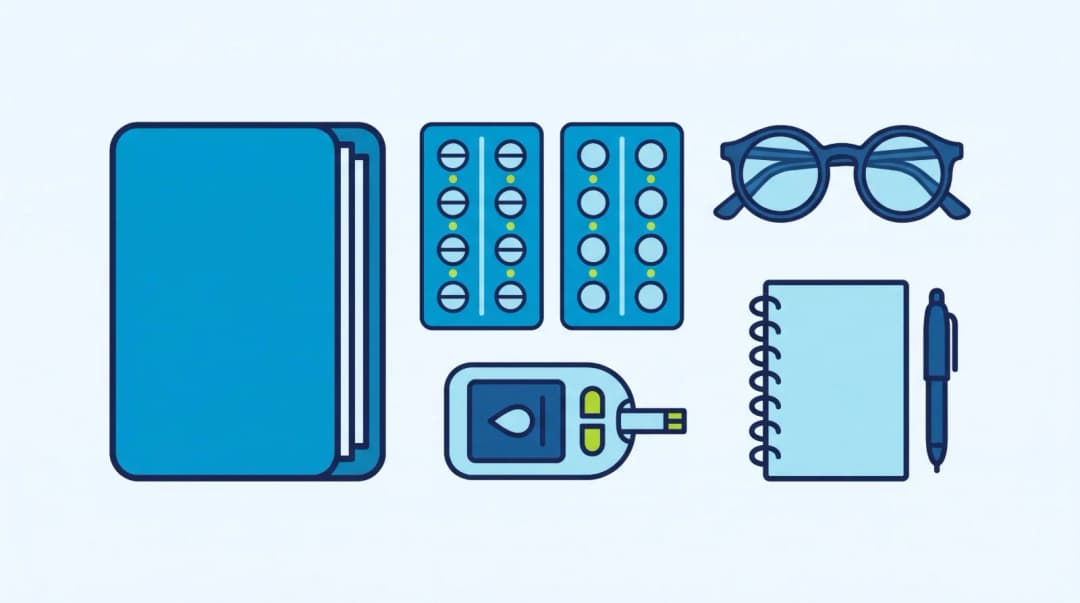 Illustration: a folder of old reports, strips of tablets, a glucose meter, spectacles and a notebook with a pen