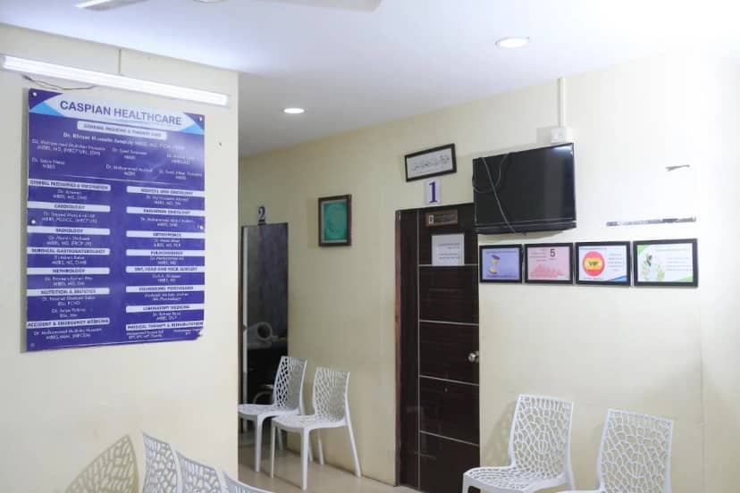 The waiting area at Caspian Healthcare, with the consultant board on the wall