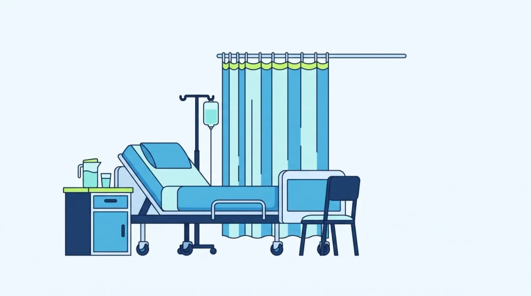 Illustration: a ward cubicle with a bed, a bedside locker, a privacy curtain, a drip stand and a chair for the attendant