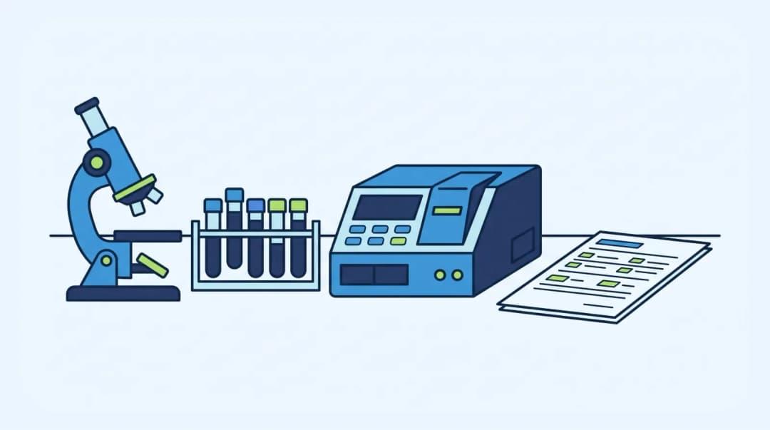 Illustration: a microscope, a rack of blood sample tubes, a benchtop analyser and a printed report