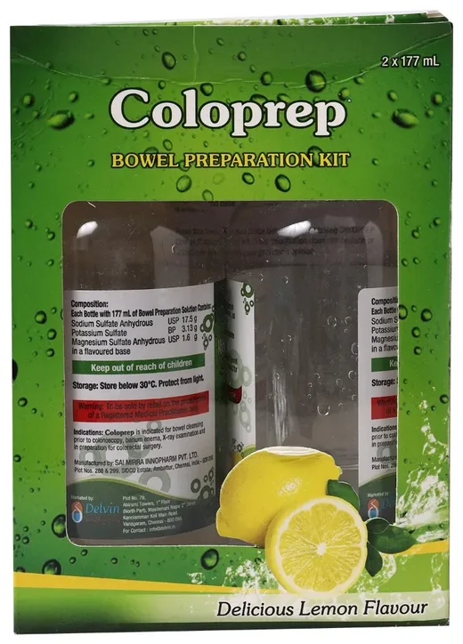 Green Coloprep Bowel Preparation Kit box with two clear bottles seen through a window and a lemon on the front. The corner of the box says 2 x 177 mL.