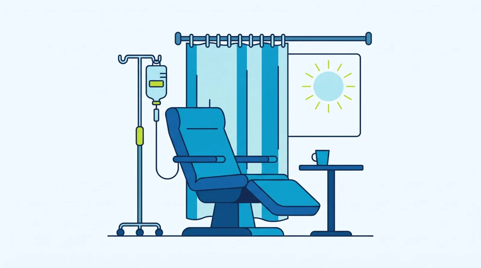 Illustration: a day care bay with a reclining chair, a drip stand, a privacy curtain and a side table