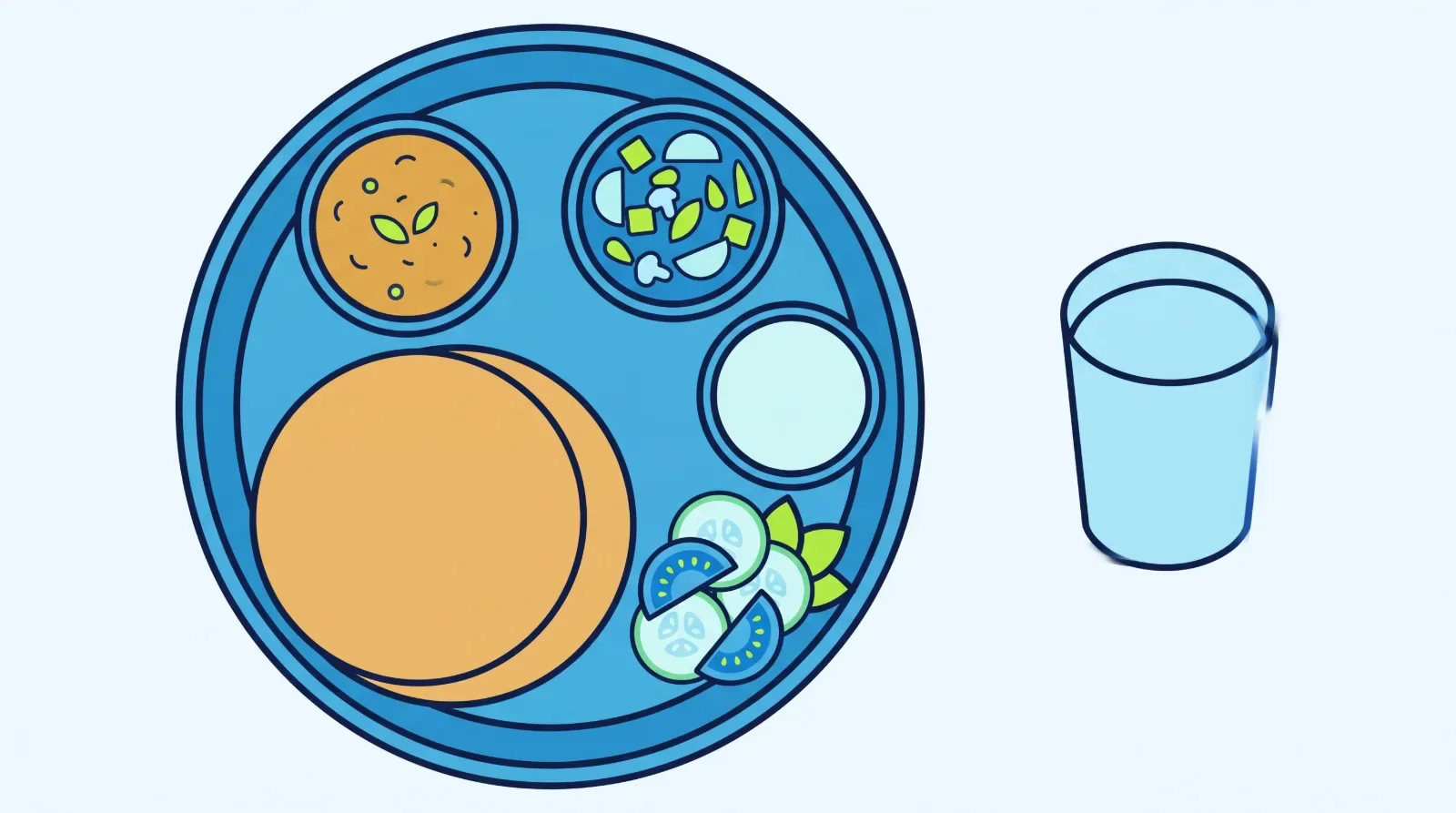 Illustration: an everyday Indian plate with rotis, dal, vegetables, curd and salad, beside a glass of water