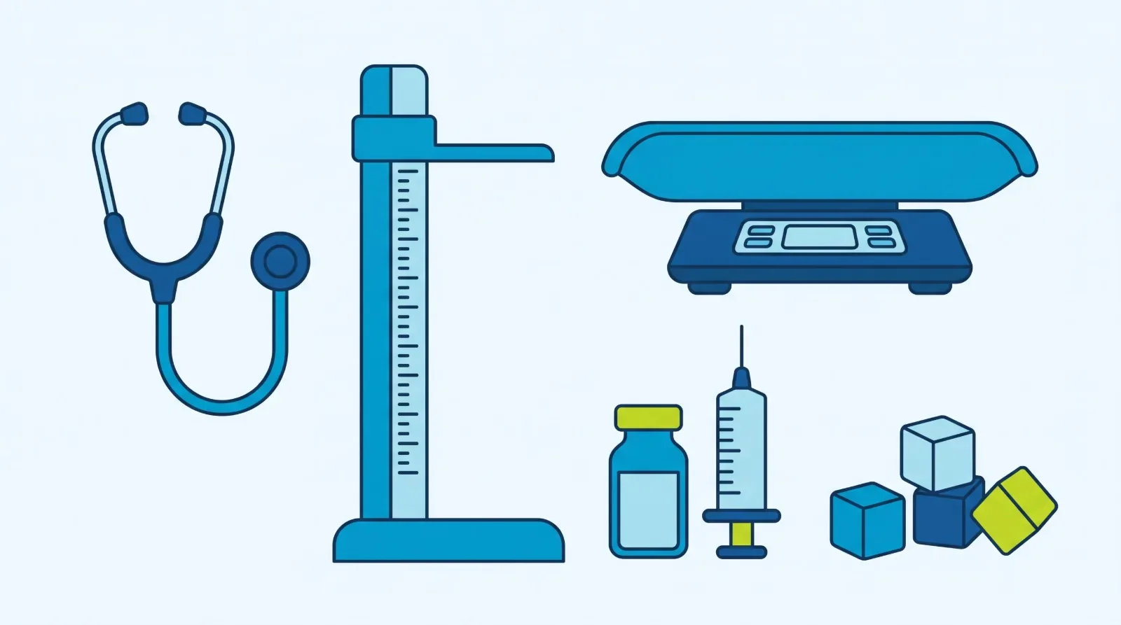Illustration: a stethoscope, a height measuring stand, a baby weighing scale, a vaccine vial with a syringe, and toy blocks