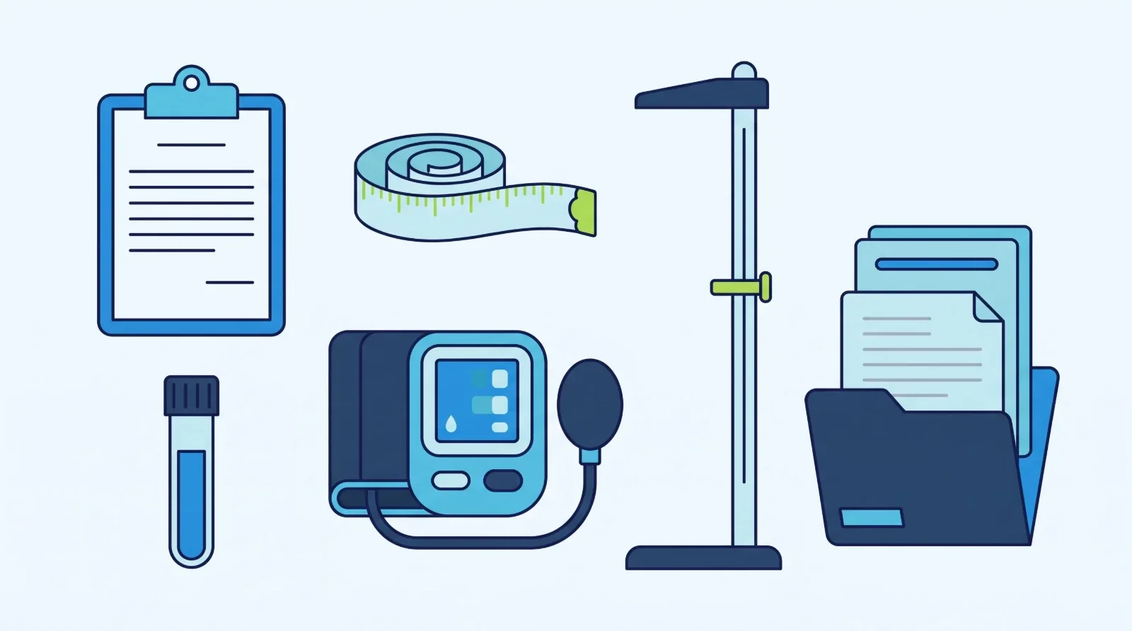 Illustration: a clipboard form, a measuring tape, a blood sample tube, a blood pressure monitor, a height stand and a folder of reports