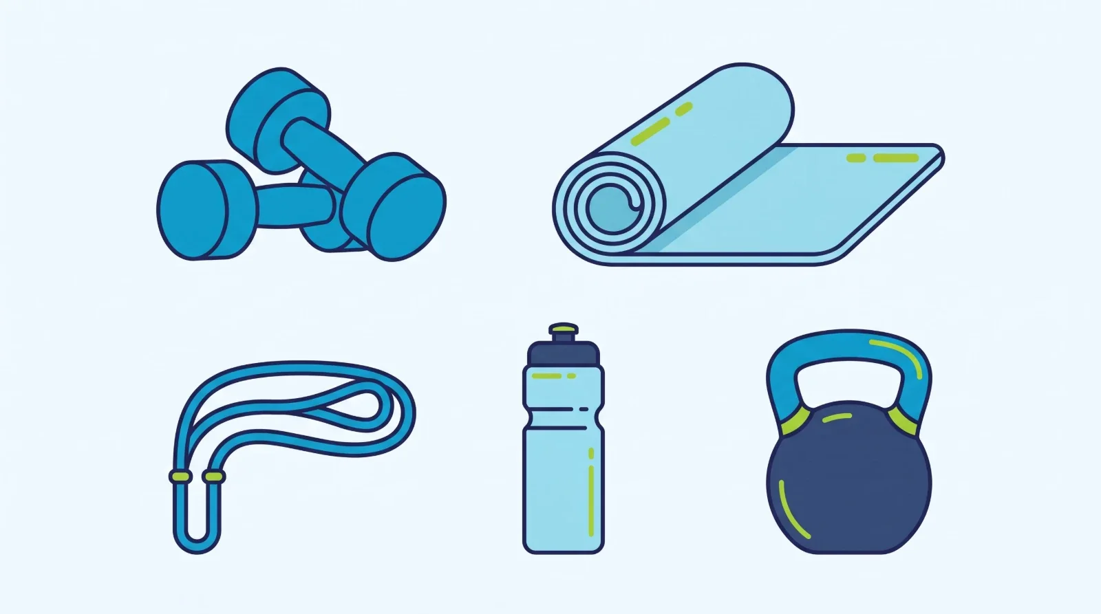 Illustration: dumbbells, a rolled exercise mat, a resistance band, a water bottle and a kettlebell