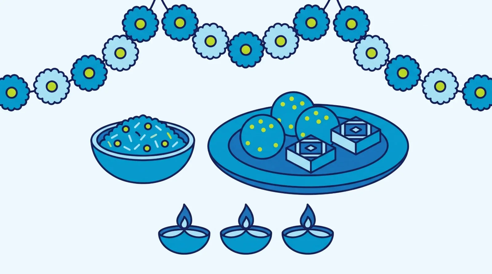 Illustration: a plate of sweets, a bowl of rice, a flower garland and three oil lamps