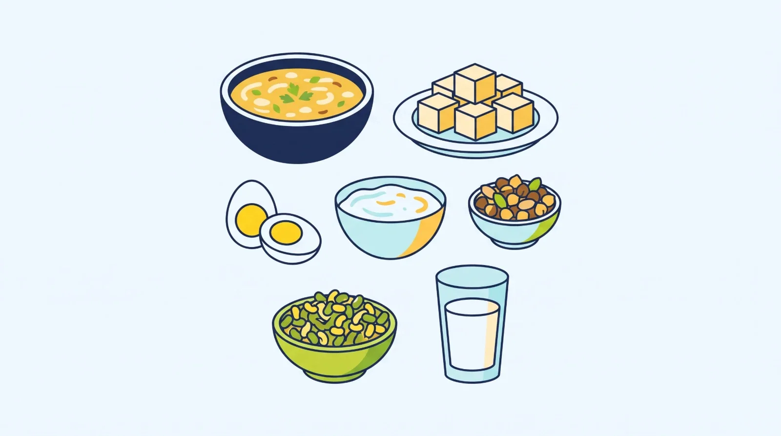 Illustration: dal, paneer, boiled eggs, curd, roasted chana, sprouts and a glass of milk