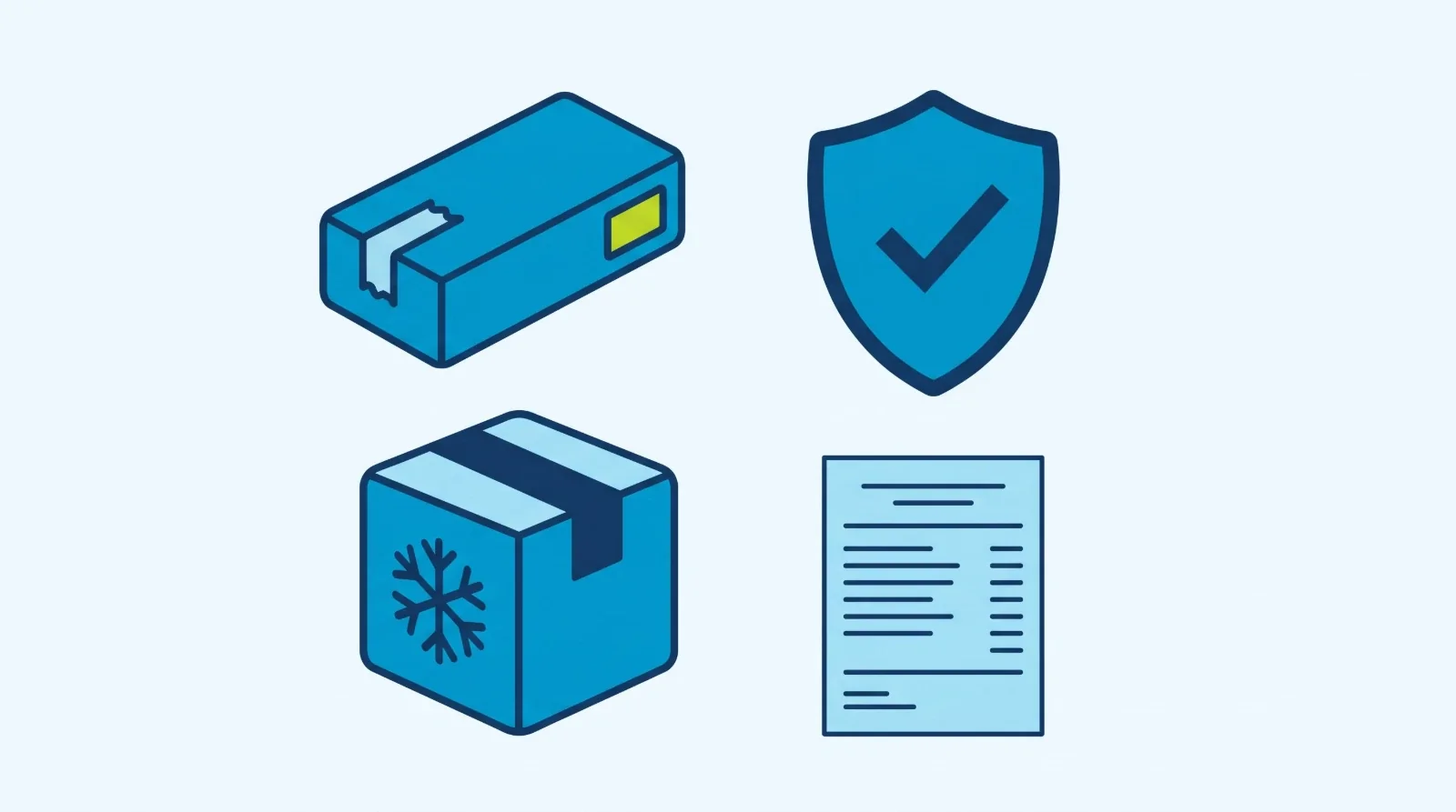 Illustration: a sealed medicine carton, a shield with a tick, a cold chain box and a pharmacy bill