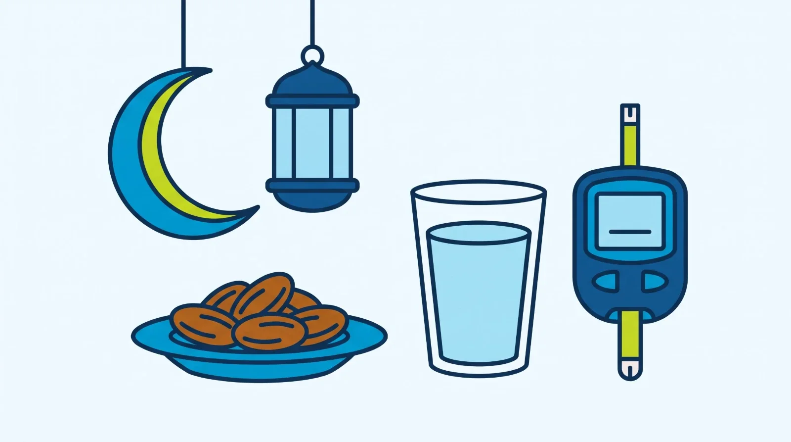 Illustration: a crescent moon and a lantern, a plate of dates, a glass of water and a glucose meter