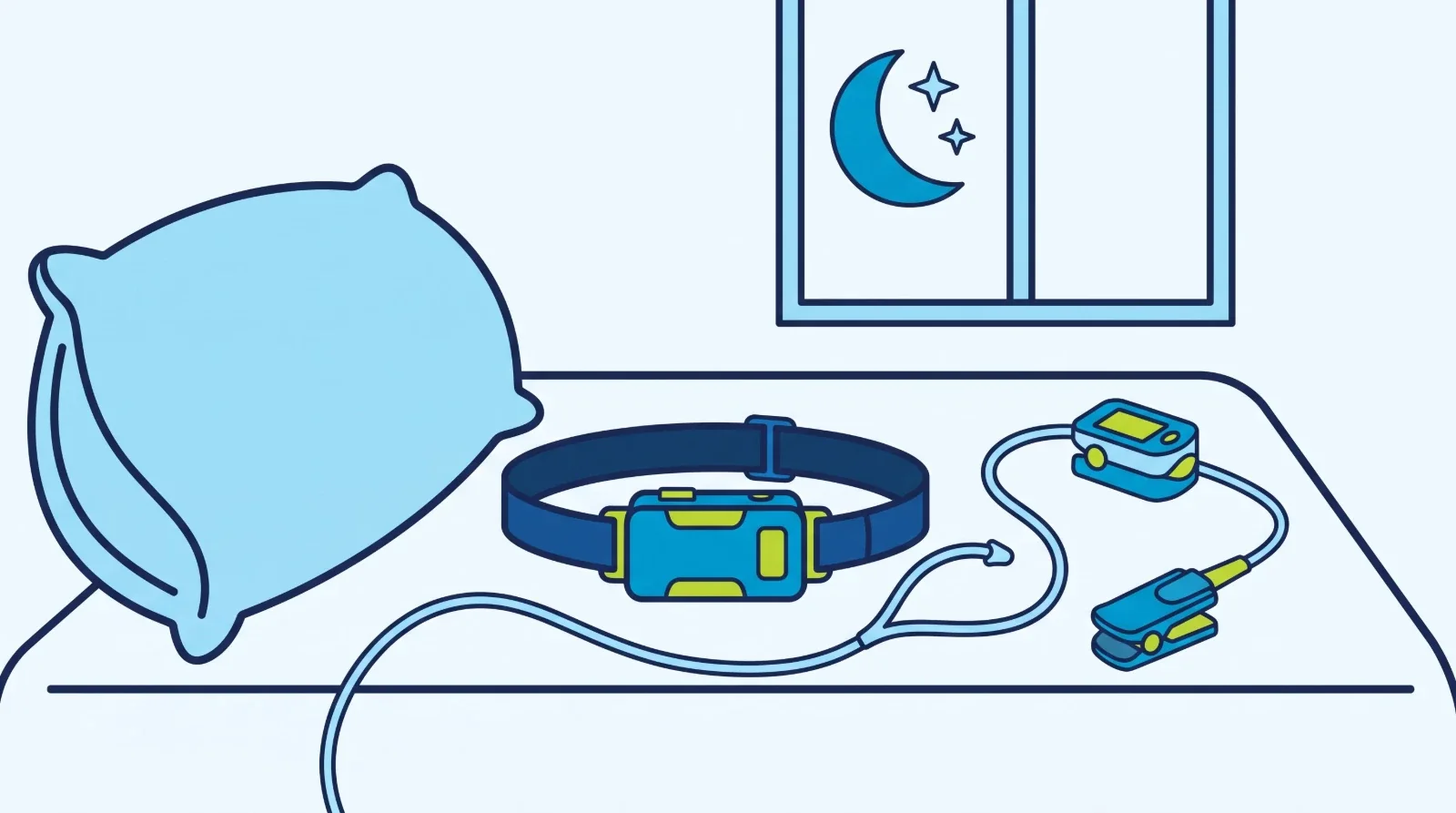 Illustration: a home sleep study kit on a bed: a recorder on a chest belt, a nasal tube and a finger clip, with the moon in the window