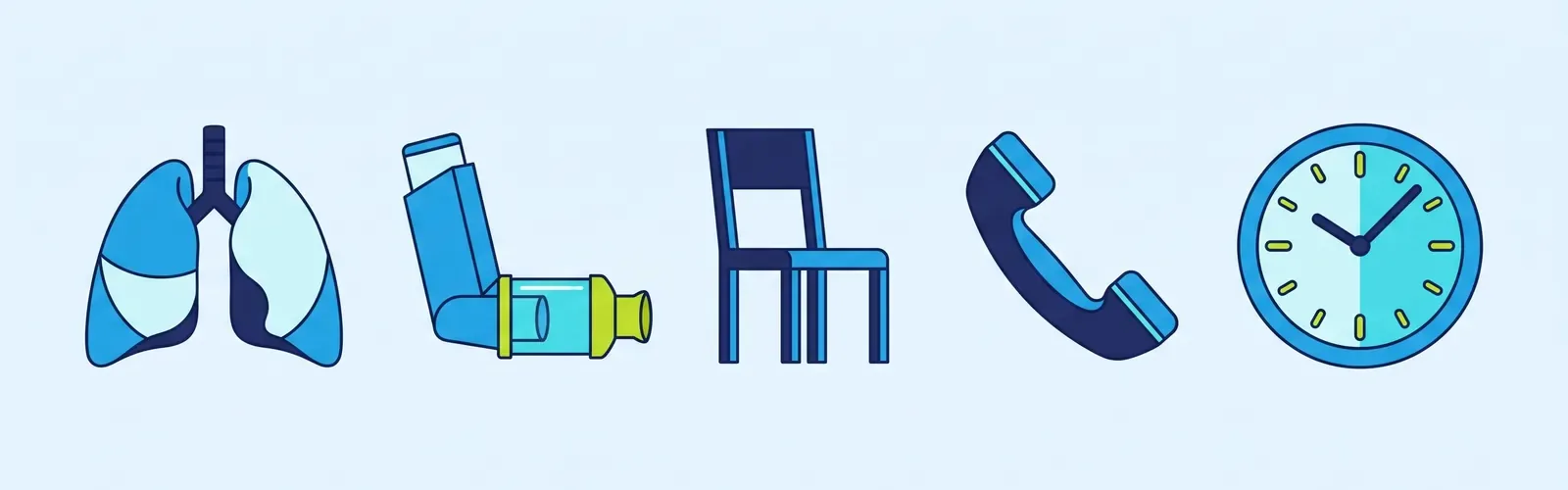 Drawing: The lungs, the reliever inhaler with a spacer, a chair to sit upright, a phone to call 108, and a clock.