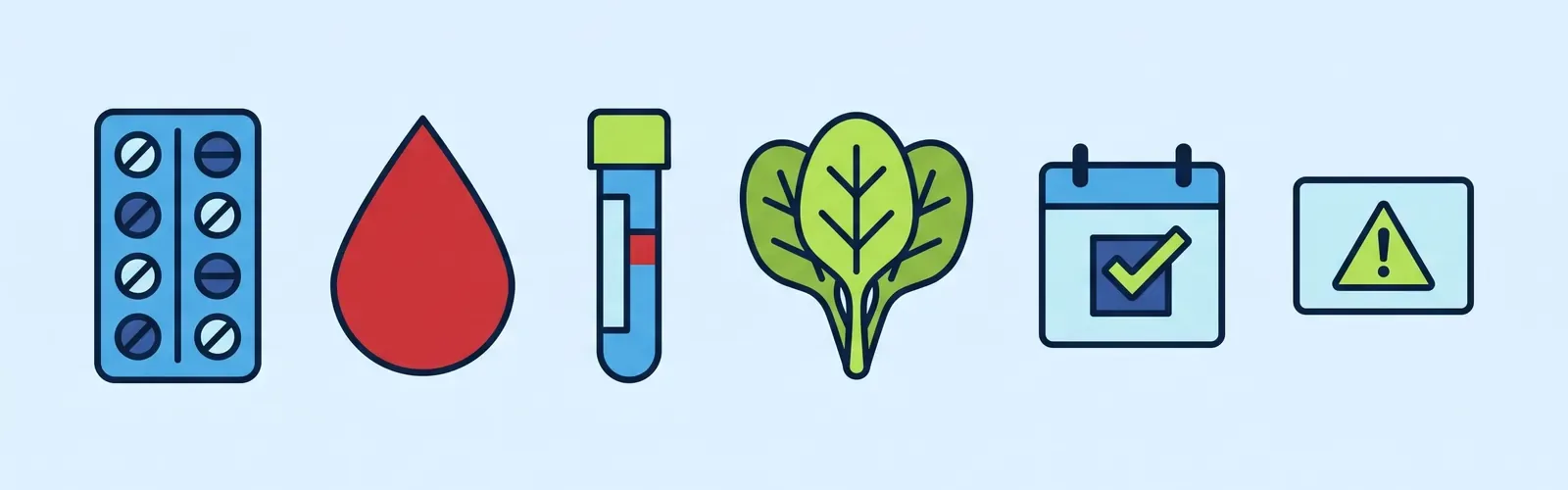Drawing: The tablets, a drop of blood, the INR test tube, leafy greens, a fixed day for the test, and an alert card.