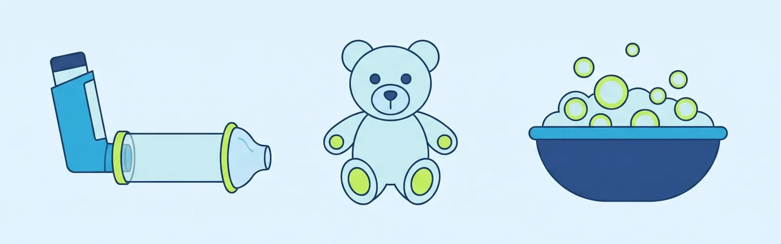 Drawing: An inhaler fitted into a spacer with a face mask, a toy to keep the child calm, and soapy water for washing the spacer.