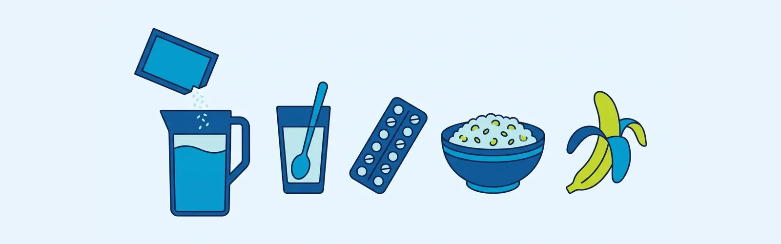 Drawing: An ORS packet mixed in a jug of water, a glass and spoon, zinc tablets, soft food and a banana.