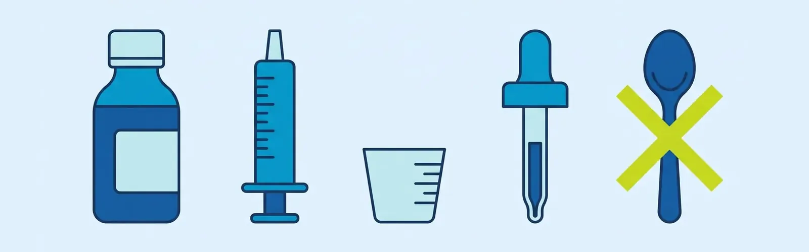 Drawing: A medicine bottle, an oral syringe, a measuring cup and a dropper. Not a kitchen spoon.