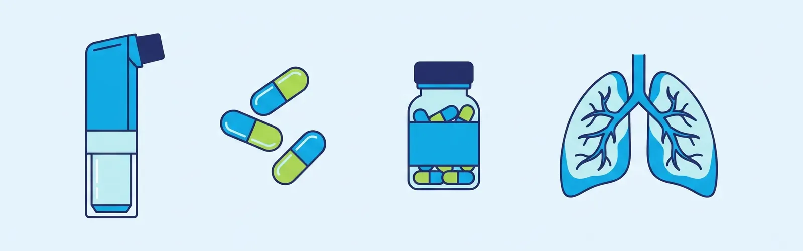 Drawing: A capsule inhaler, the capsules, their bottle kept closed, and the lungs.
