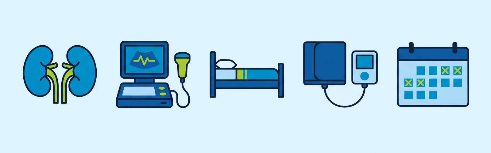 Drawing: The kidneys, the ultrasound machine, the bed for the night's rest, the blood pressure check, and the review date.