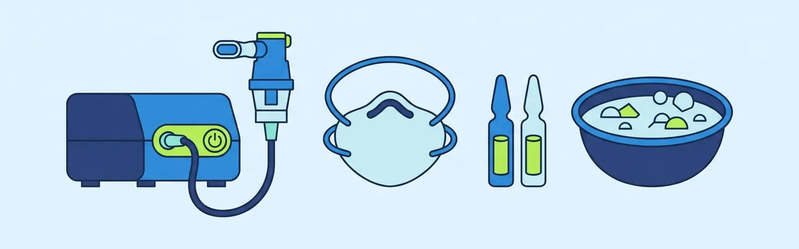 Drawing: A nebuliser with its tubing, cup and mouthpiece, a mask, medicine ampoules, and soapy water for cleaning.