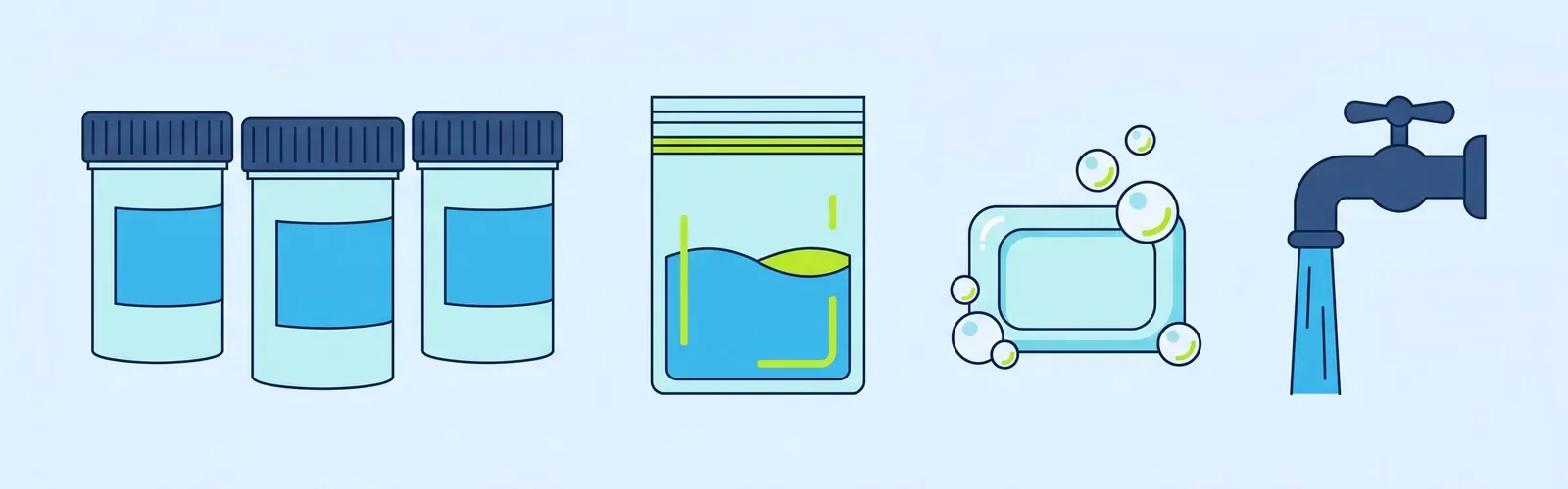 Drawing: Sample containers, a sealed bag, and soap and water for the hands.