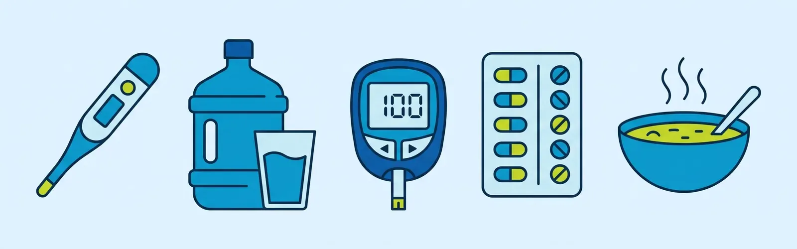 Drawing: A thermometer, drinking water, a glucometer, your tablets, and a bowl of soup.