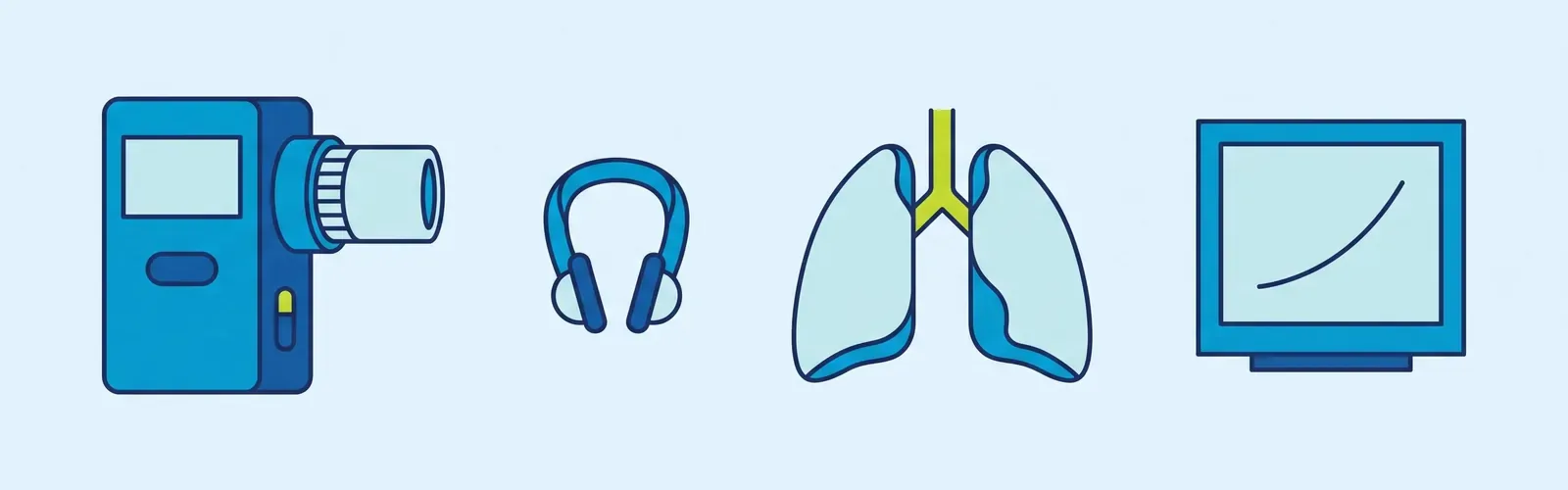 Drawing: A spirometer with its mouthpiece, a nose clip, the lungs, and the breathing curve on a screen.