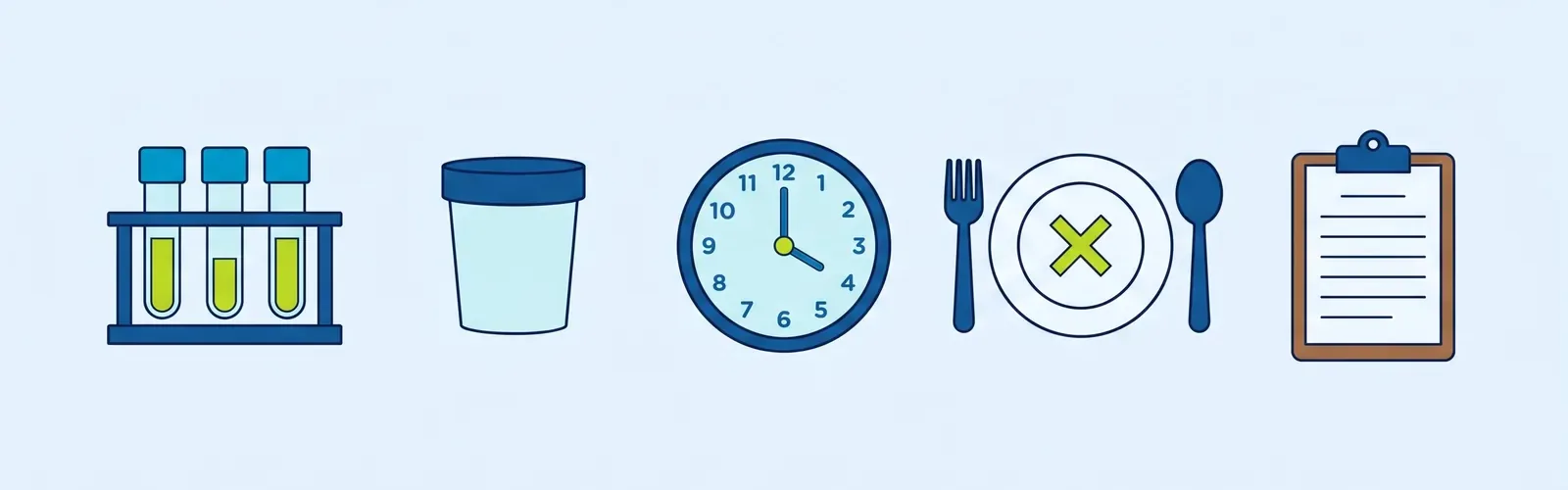 Drawing: Blood sample tubes, a urine sample cup, the clock, an empty plate for a fasting test, and the request slip.